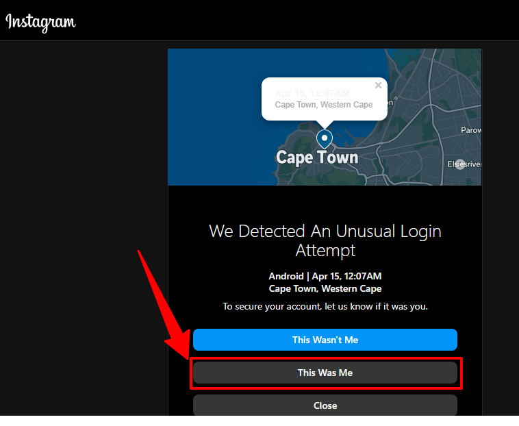 screenshot of Instagram recent login notification
